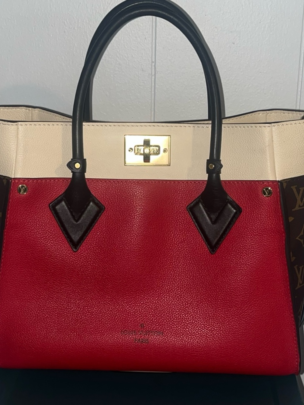 Louis Vuitton On My Side Red Leather with Monogram Canvas MM Purse Tote